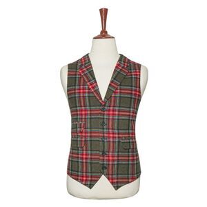 Mens 46R Wool Olive Green Red Tartan Plaid Vest Waistcoat Wedding Party Formal